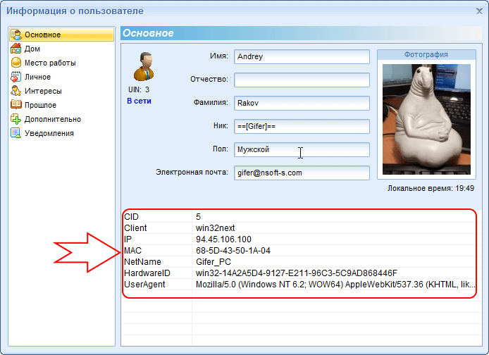 Просмотр системной информации о пользователе в профиле MyChat Client